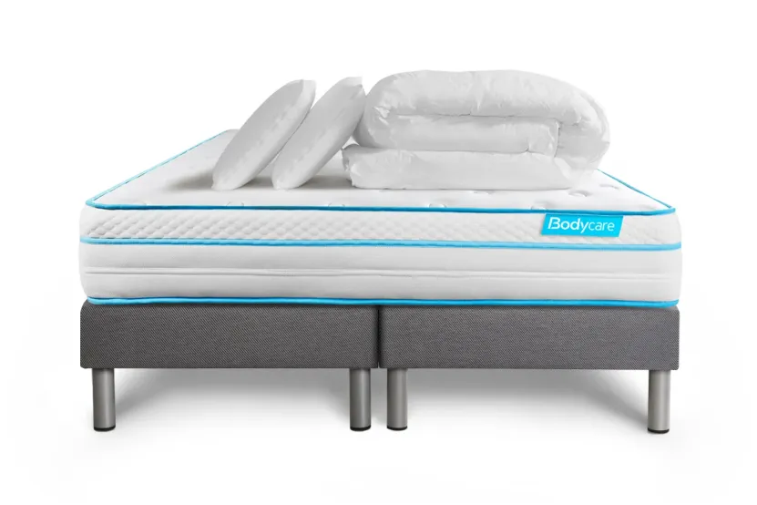 Pack lit complet 160x200 cm - Matelas + 2 Sommiers Gris + 2 oreillers + Couette - Bodyzone+