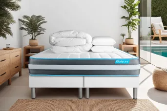 Pack lit complet 200x200 cm - Matelas + 2 Sommiers Blancs + 2 oreillers + Couette - Bodyform