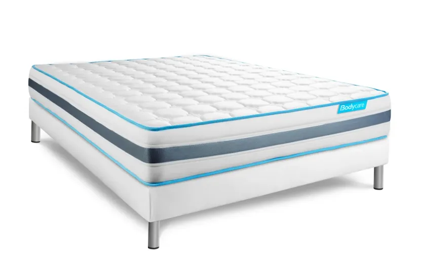 Pack lit complet 160x200 cm - Matelas + Sommier Blanc (en kit) + 2 oreillers + Couette - BodyFlex