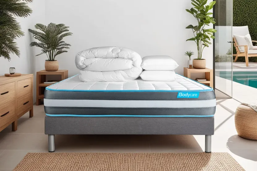 Pack lit complet 140x200 cm - Matelas + Sommier Gris + 2 oreillers + Couette - Bodyform