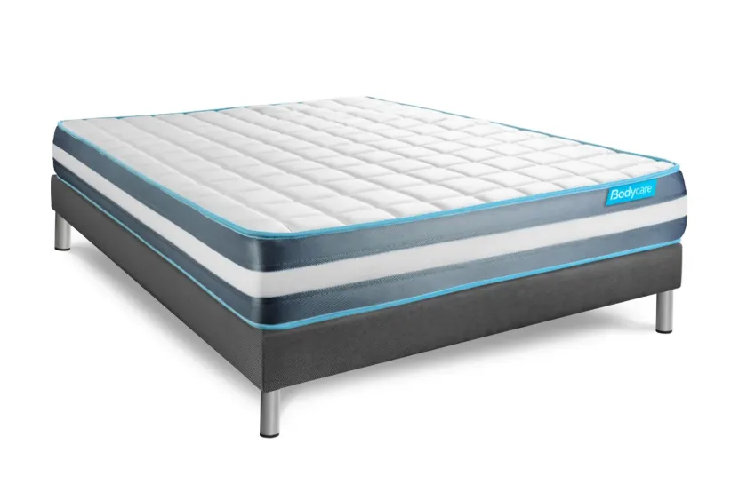 Pack lit complet 140x200 cm - Matelas + Sommier Gris + 2 oreillers + Couette - Bodyform