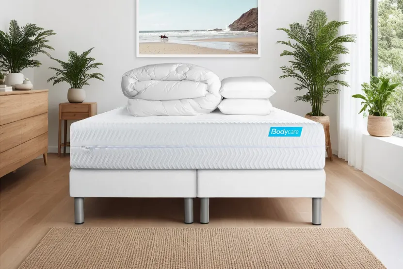 Pack lit complet 180x200 cm - Matelas + 2 Sommiers Blancs + 2 oreillers + Couette - Biocare