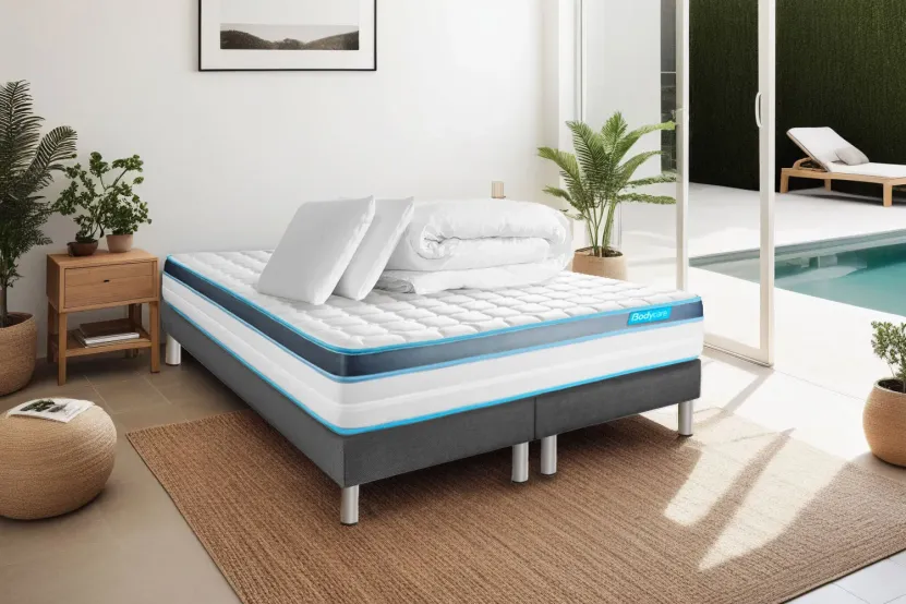 Pack lit complet 160x200 cm - Matelas + 2 Sommiers Gris + 2 oreillers + Couette - Perform