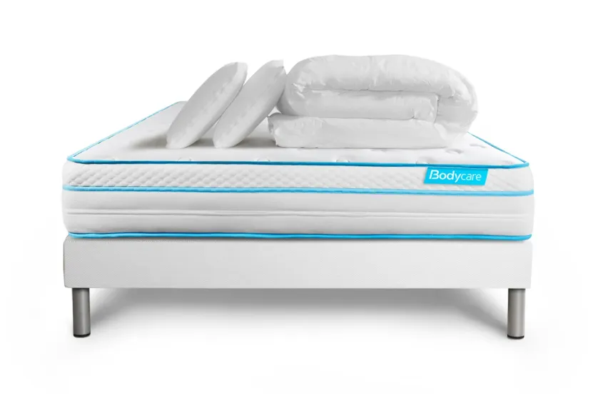 Pack lit complet 140x200 cm - Matelas + Sommier Blanc + 2 oreillers + Couette - Bodyzone+