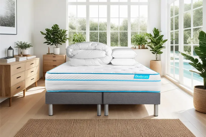 Pack lit complet 200x200 cm - Matelas + 2 Sommiers Gris + 2 oreillers + Couette - Bodyzone+