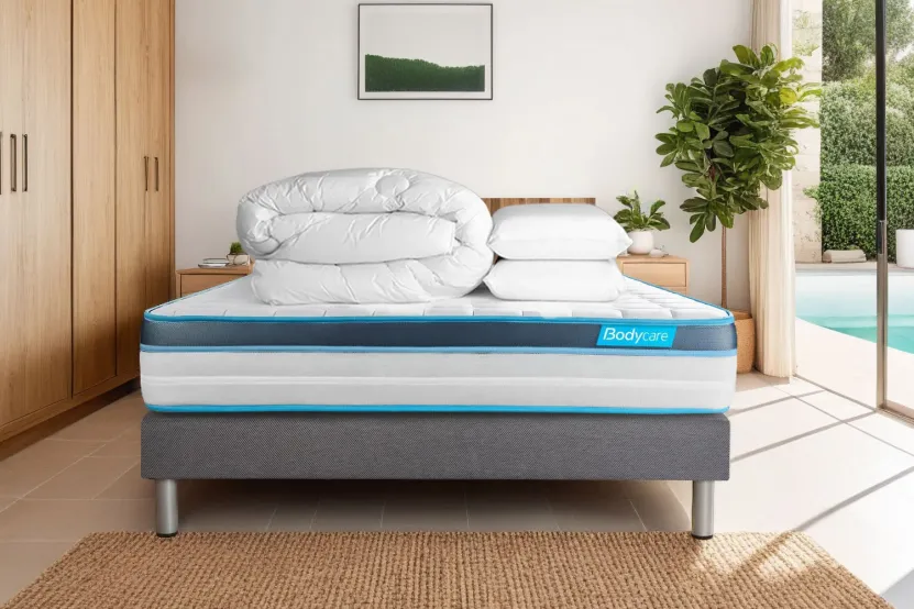 Pack lit complet 200x200 cm - Matelas + Sommier Gris (en kit) + 2 oreillers + Couette - BodyFit