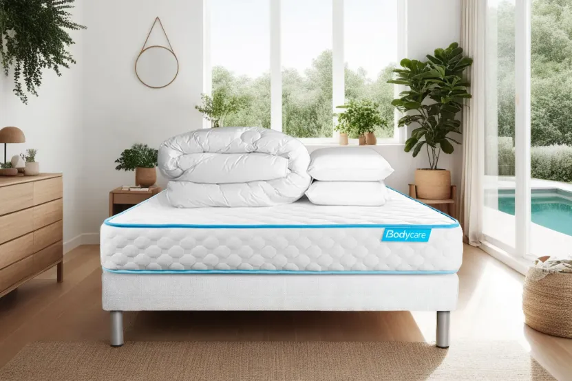 Pack lit complet 140x190 cm - Matelas + Sommier Blanc + 2 oreillers + Couette - Bodyone