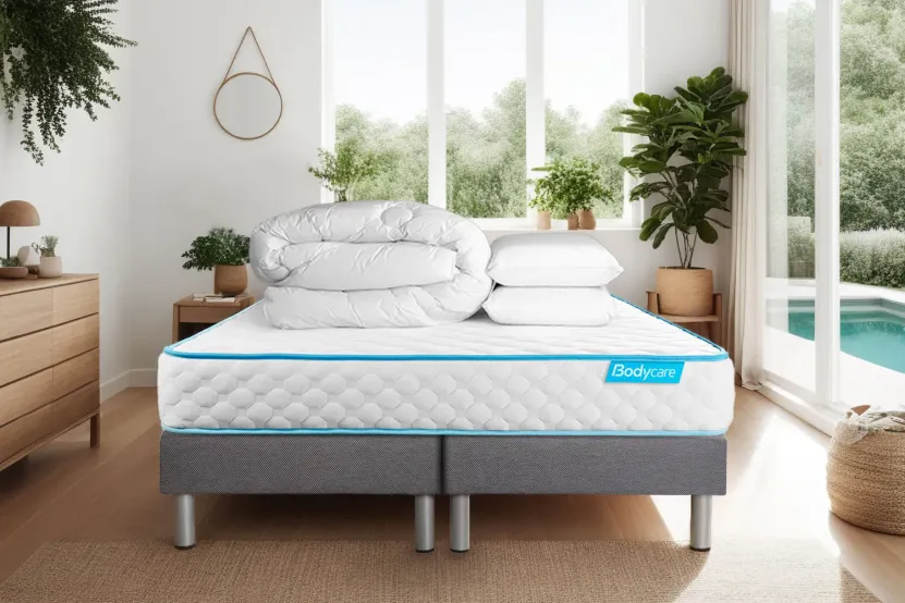 Pack lit complet 180x200 cm - Matelas + 2 Sommiers Gris + 2 oreillers + Couette - Bodyone