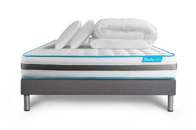 Pack lit complet 200x200 cm - Matelas + Sommier Gris (en kit) + 2 oreillers + Couette - BodyFlex