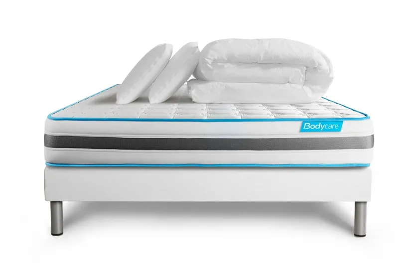 Pack lit complet 140x200 cm - Matelas + Sommier Blanc (en kit) + 2 oreillers + Couette - BodyFlex