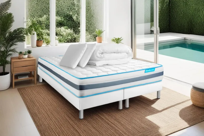 Pack lit complet 160x200 cm - Matelas + 2 Sommiers Blancs + 2 oreillers + Couette - Bodyzone