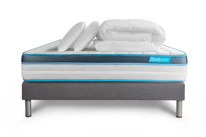 Pack lit complet 200x200 cm - Matelas + Sommier Gris (en kit) + 2 oreillers + Couette - BodyFit