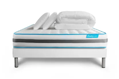 Pack lit complet 140x190 cm - Matelas + Sommier Blanc + 2 oreillers + Couette - Bodyzone