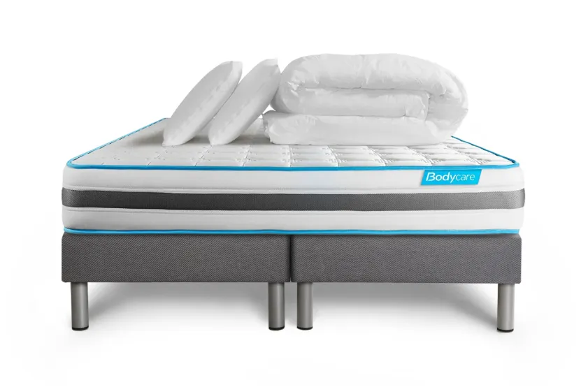 Pack lit complet 200x200 cm - Matelas + 2 Sommiers Gris + 2 oreillers + Couette - Bodyzone