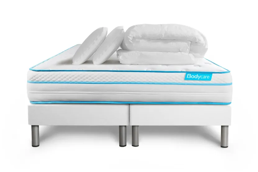 Pack lit complet 160x200 cm - Matelas + 2 Sommiers Blancs + 2 oreillers + Couette - Bodyzone+