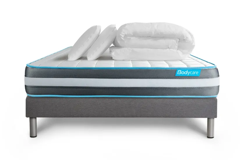 Pack lit complet 200x200 cm - Matelas + Sommier Gris (en kit) + 2 oreillers + Couette - Bodyform