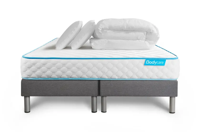 Pack lit complet 180x200 cm - Matelas + 2 Sommiers Gris + 2 oreillers + Couette - Bodyone